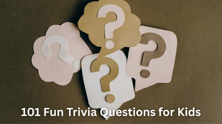 Paper cutouts with question marks in different colors are placed on a brown background. Text at the bottom reads: "101 Fun Trivia Questions for Kids."